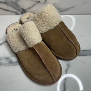 Lucky Brand Women's Brown Leather Faux Sherpa Lined Slip-On Siana Slippers Sz 6